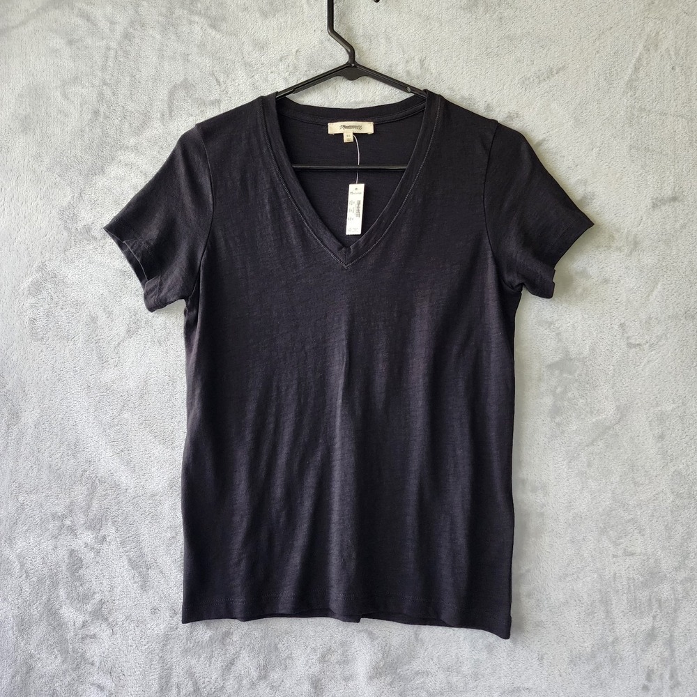 Madewell Tee Shirt Womens Size XS Jet Black Easy Soft Slub Cotton V-Neck Top